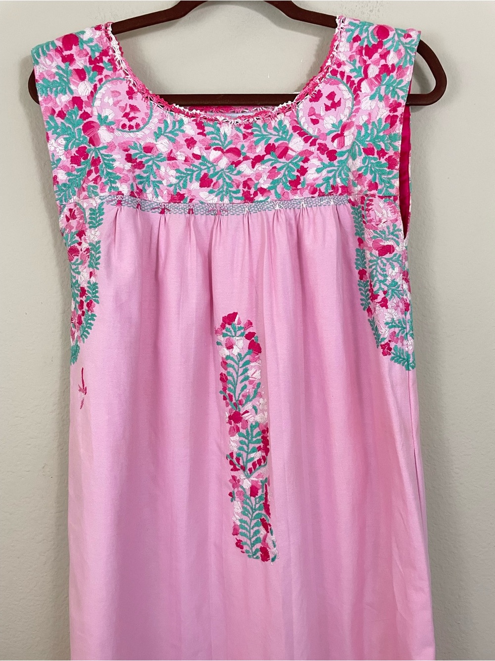 Mi Golondrina Mexico Pink Floral Embroidery Sleeveless Midi Dress Size XS - Picture 4 of 7